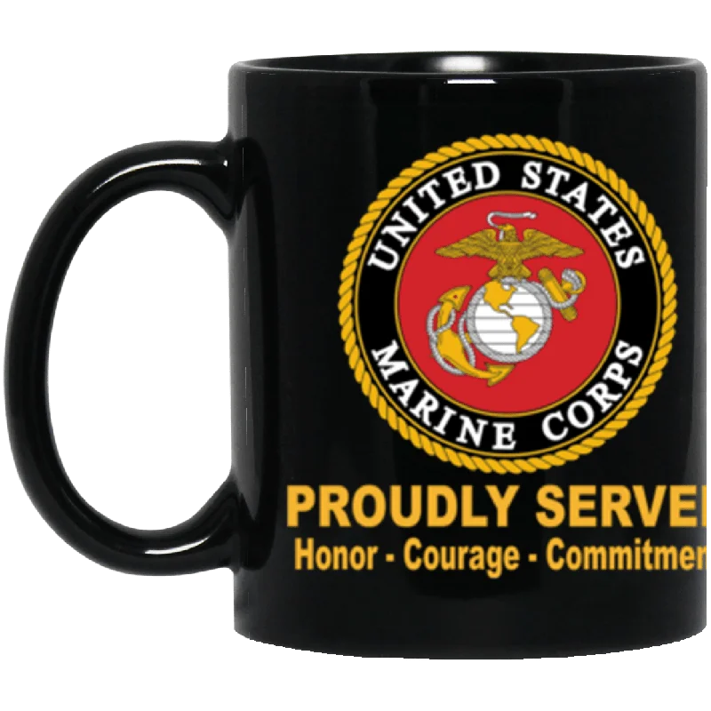 thermal coffee mugs for work breaks-US Marine Corps Logo Proudly Served Core Values 11 oz. Black Mug