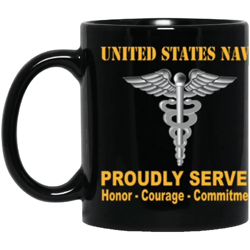 unique mugs with creative designs-US Navy Hospital Corpsman Navy HM Proudly Served Core Values 11 oz. Black Mug