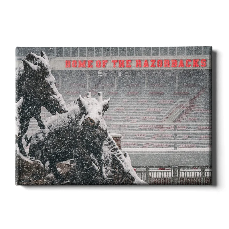 large geometric art prints for home-Arkansas Razorbacks - Snow Storm at the Home of the Razorbacks