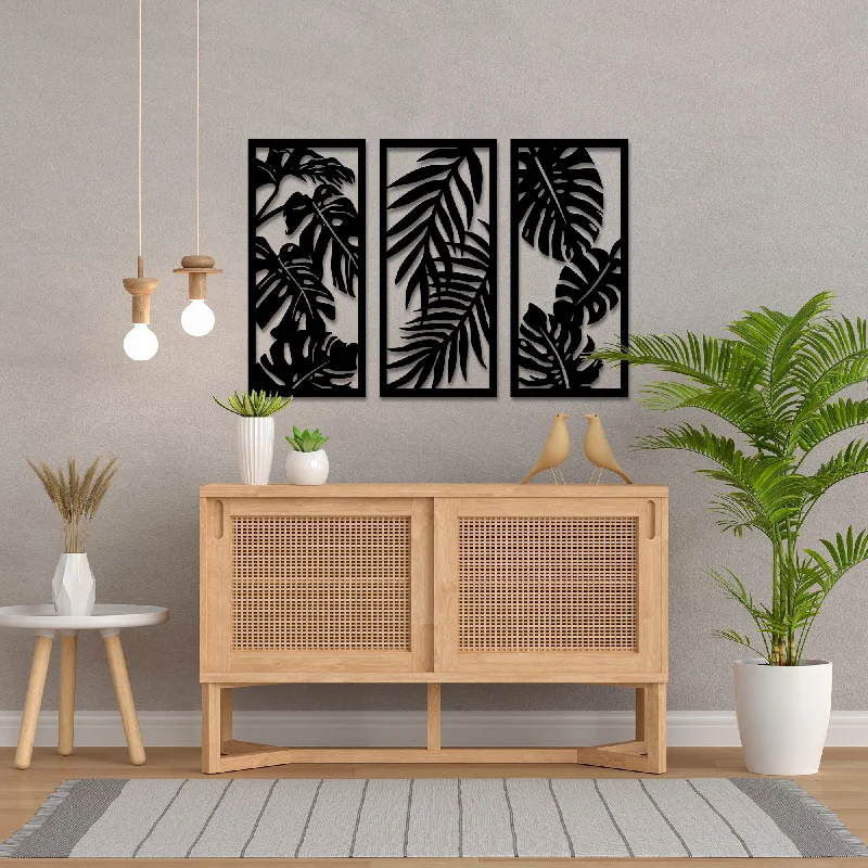 large framed coastal prints-Big Leaves 3 Piece Set Metal Wall Art