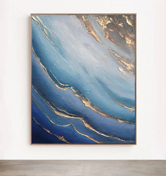 inspirational art prints for office-Gold Sea - Blue and Gold Seascape Ocean Waves Painting on Canvas