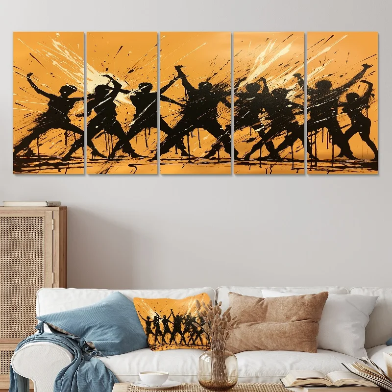 large pop art canvas prints-Designart "African Zulu Dance I" Black African Tribal Set Of 5 - Global Oversized Wall Decor Art For Living Room