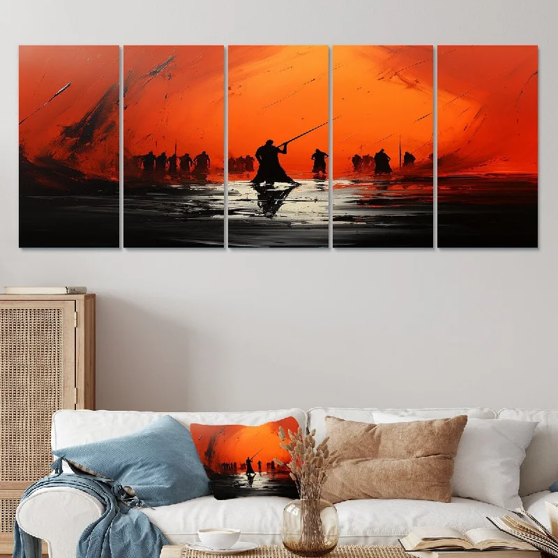 nature scenery canvas prints-Designart "African Zulu Dance II" Orange African Tribal Set Of 5 - Global Oversized Canvas Art Print For Home Decor