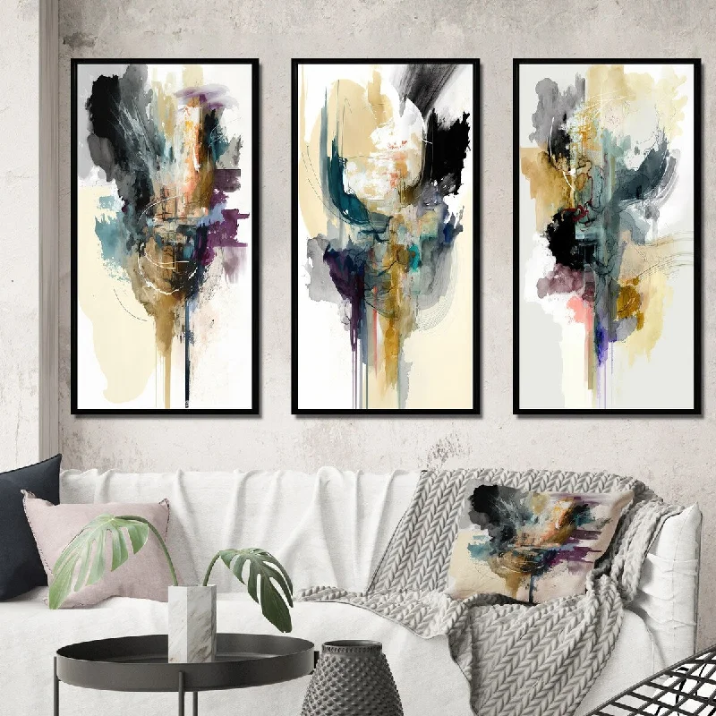 playful cityscape wall art-Designart "Alizarin Order I" Abstract Liquid Ink Framed Wall Art Set Of 3 - Modern Frame Gallery Wall Set For Home Decor