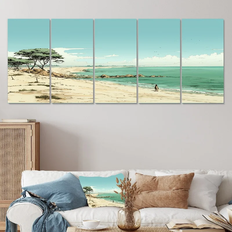 retro style abstract paintings-Designart "Beach Horizon Line In France" Blue Coastal Minimalism Set Of 5 - Coastal Oversized Wall Art Decor For Hallway