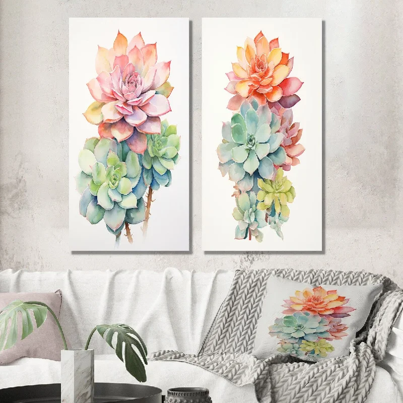 abstract floral prints for living room-Designart "Blossoming Succulent In Tender Retro Pink I" Succulent Wall Art Set of 2 - Traditional For Living Room Decor