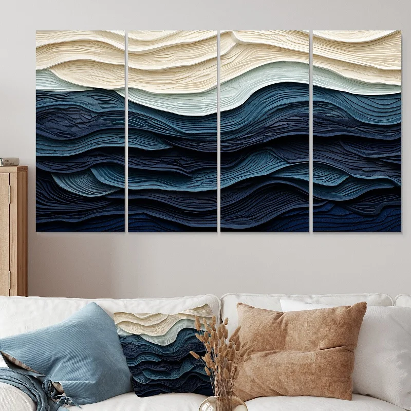 modern black and white wall art-Designart "Blue And White Coastal Wave S Edge" Coastal Minimalism Extra Large Canvas Set Of 4 Oversized Coastal Wall Art