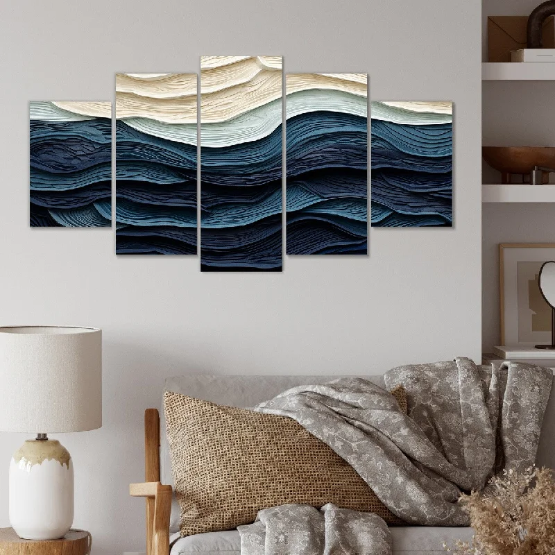 artistic floral wall decor-Designart "Blue And White Coastal Wave S Edge" Coastal Minimalism Set Of 5 - Oversized Wall Decor Art For Living Room