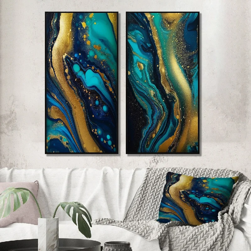 modern pop art prints for bedroom-Designart "Blue Dreams Liquid Gold And Turquoise Marble II" Abstract Painting Framed Wall Art Wall Art Set Of 2