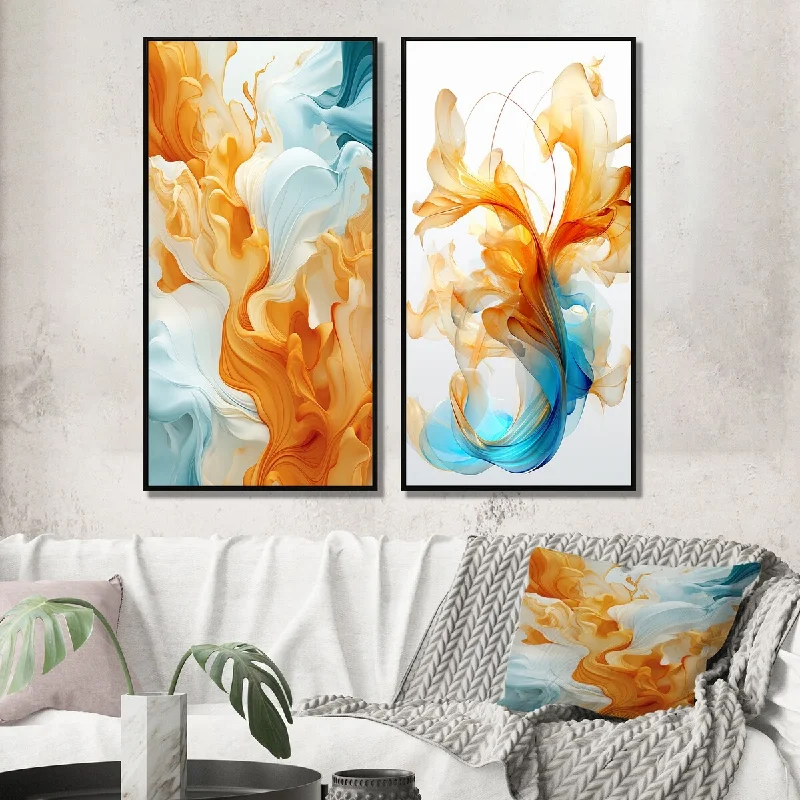 large contemporary landscape prints-Designart "Bright Orange And Turquoise Liquid Ink Art I" Abstract Shapes Wall Art Décor Gallery Set For Office Decor