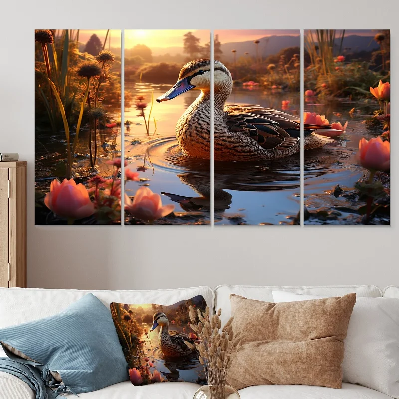 contemporary photography wall art-Designart "Brown Duck Feathered Floral Elegance" Duck Extra Large Canvas Set Of 4 - Oversized Modern Farmhouse Wall Art