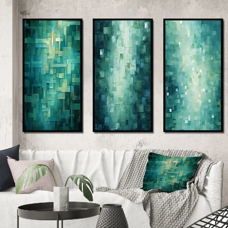 vintage tropical canvas prints-Designart "California Sunshine Abstract Cubist Turquoise I" Abstract Painting Frame Gallery Set Of 3 For Office Decor