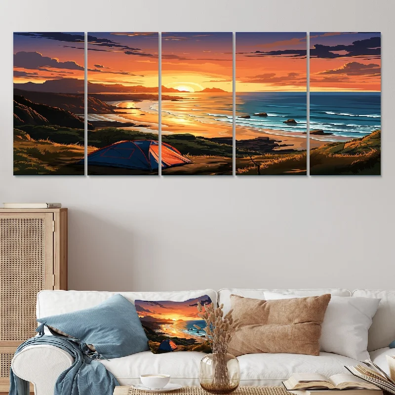 oversized floral prints for wall-Designart "Coastal Camping Tents Retreat II" Camping Travel Set Of 5 - Country Oversized Canvas Art For Bedroom Decor