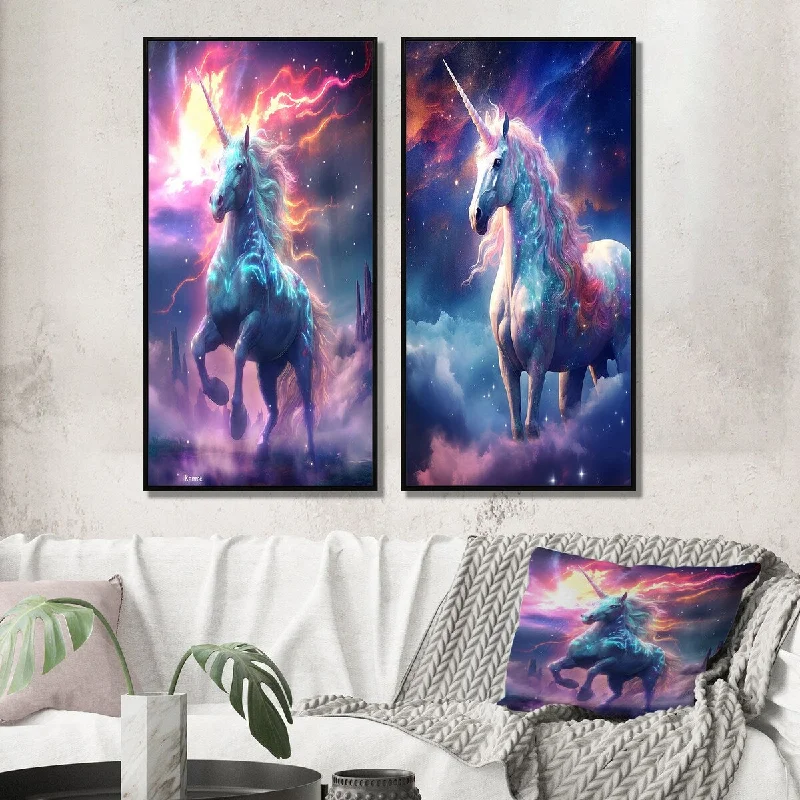 playful art for kids room-Designart "Cosmic Purple Unicorn Magic III" Fantasy Unicorn Wall Art Décor Gallery Wall Set For Home Decor