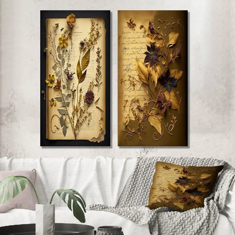 nature themed modern wall art-Designart "Dried Vintage Wildflowers I" Abstract Botanicals Wall Art Set of 2 - Modern Print Art For Living Room Decor