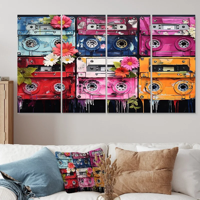 colorful abstract wall paintings-Designart "Floral Cassette Tapes Serenity" Cassette Tapes Extra Large Canvas Set Of 4 - Oversized Modern Wall Art Decor