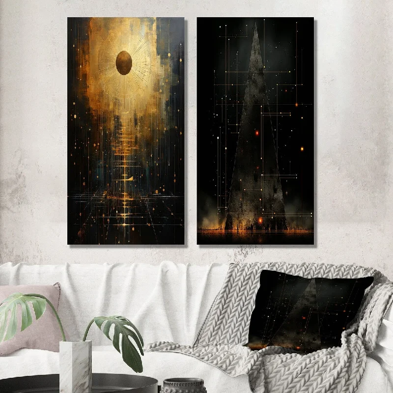 retro city prints for wall-Designart "Full Moon Mystery Vintage Minimal Illustration I" Modern Wall Art Set of 2 - Modern Wall Art For Home Decor