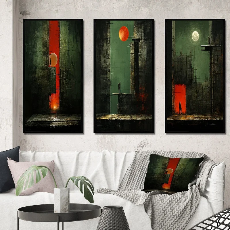 abstract ocean wall decor-Designart "Full Moon Urban Solitude Retro Minimal III" Modern Geometric Frame Gallery Set Of 3 For Office Decor