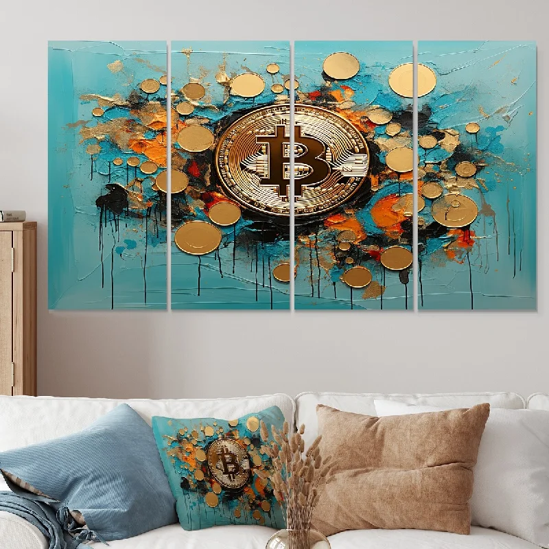 modern photography prints-Designart "Gold And Blue Crypto Bitcoin Collage" Fashion Bitcoin Extra Large Canvas Set Of 4 - Oversized Glam Wall Art