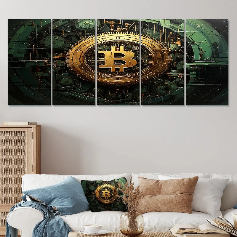 boho canvas wall paintings-Designart "Gold Impressionistic Crypto Bitcoin" Gold Fashion Bitcoin Set Of 5 Glam Oversized Wall Art Decor For Hallway