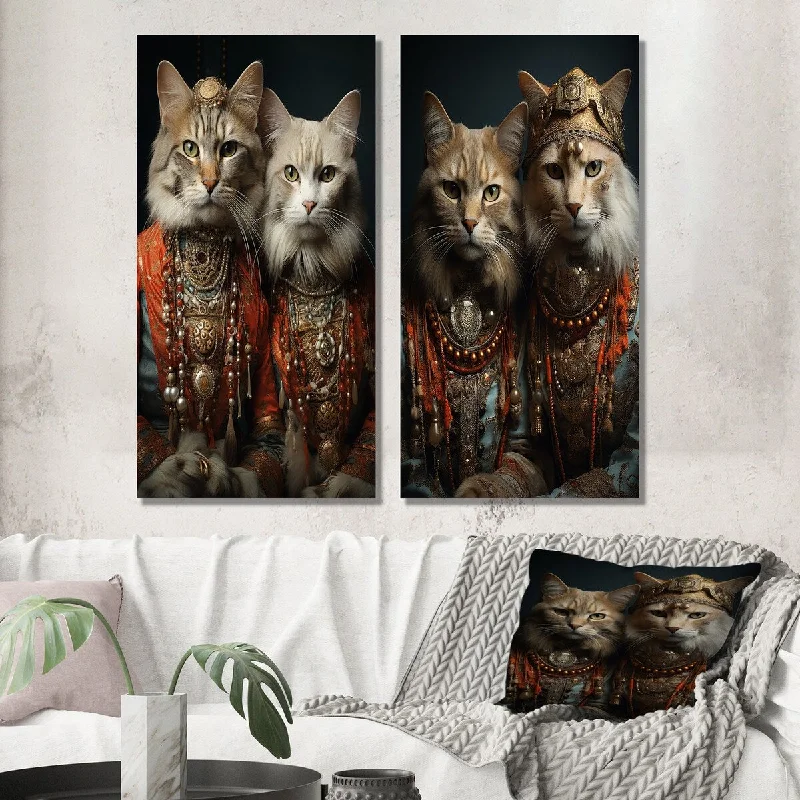 contemporary animal wall art-Designart "Gracious Cat In Retro Indian Attire I" Animal Wall Art Set of 2 Children's Art Wall Art For Living Room Decor