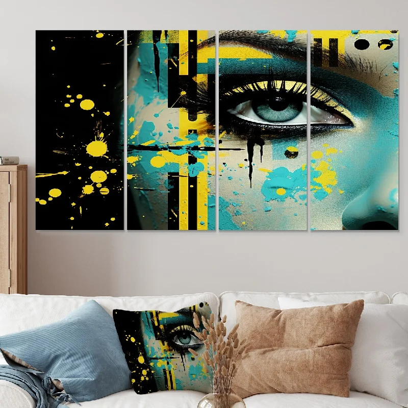 oversized floral canvas art-Designart "Green And Yellow Woman Chic Eye Elegance" Fashion Extra Large Canvas Set Of 4 - Oversized Glam Wall Art Decor