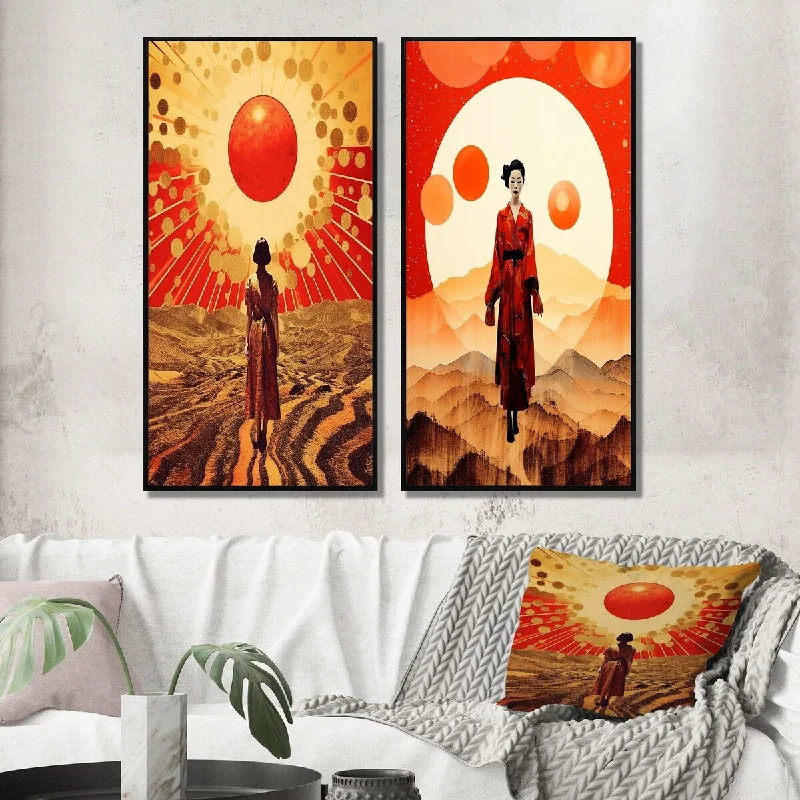 modern framed wall art-Designart "Japanese Full Moon Geisha I" Asian Woman Framed Wall Art Set Of 2 - Glam Gallery Set For Office Decor