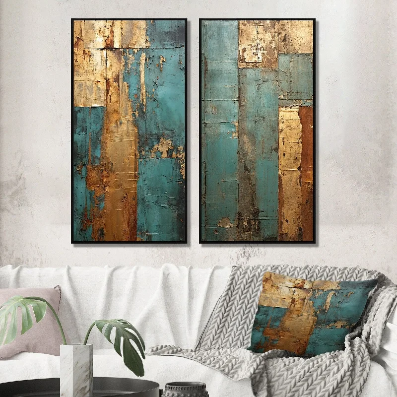 retro photography art prints-Designart "Kintsugi Retro Glam Vintage Gold On Turquoise V" Modern Geometric Framed Gallery Set For Office Decor