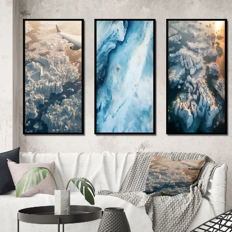 tropical botanical prints for bedroom-Designart "Magical Aerial View Showing Icebergs I" Glacier Framed Wall Art Set Of 3 Country Gallery Set For Office Decor