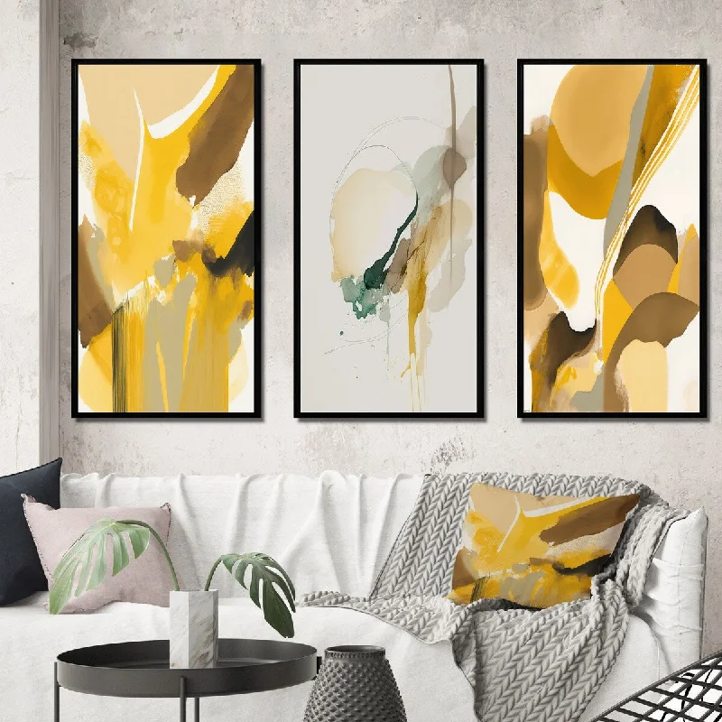 oversized floral wall prints-Designart "Mustard Yellow Retro I" Abstract Liquid Ink Framed Wall Art Set Of 3 - Modern Gallery Wall Set For Home Decor