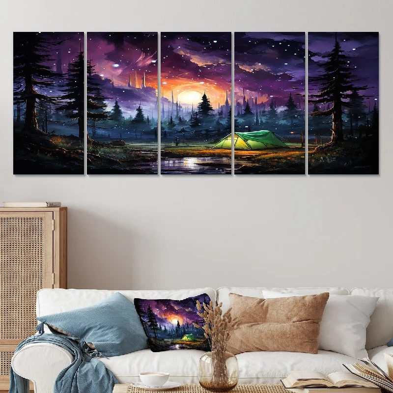 botanical wall prints for living room-Designart "Northern Lights Camping Escape I" Camping Travel Set Of 5 - Country Oversized Canvas Art Print For Home Decor