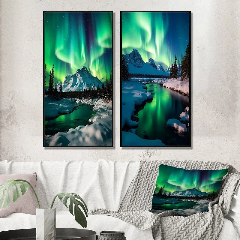 playful abstract art prints for kids room-Designart "Northern Lights In Stunning Arctic Mountains" Northern Lights Wall Art Décor Gallery Set For Office Decor