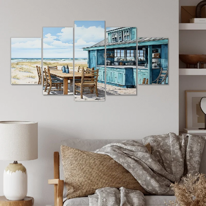 oversized botanical art prints-Designart "Oceanfront Beach Restaurant Panorama" Coastal Windows Set Of 5 Coastal Oversized Canvas Wall Art For Entryway