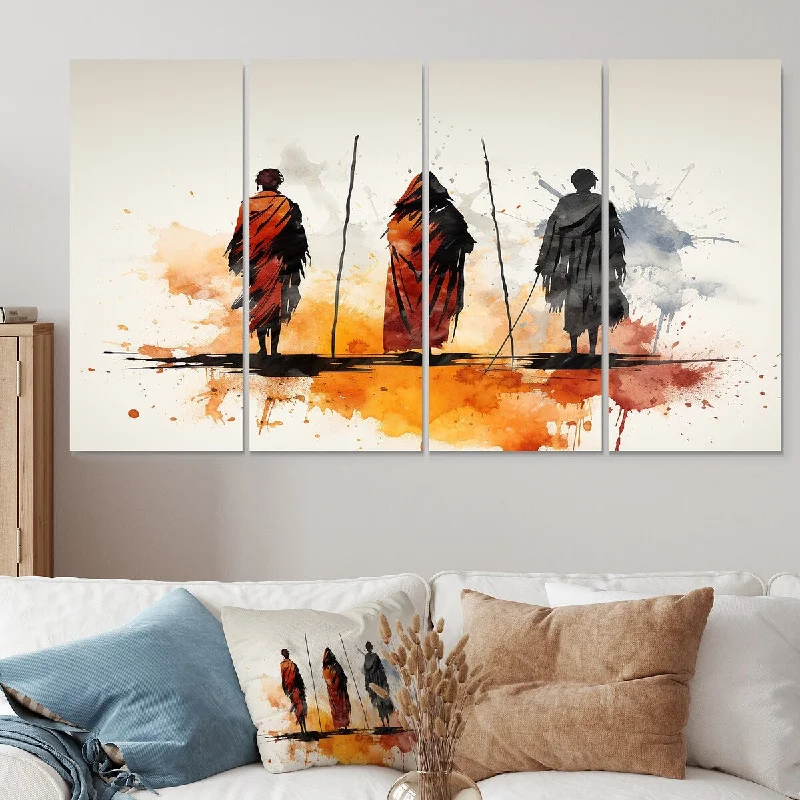 black and white canvas prints-Designart "Orange African Somali Nomadic Tales I" African Tribal Extra Large Canvas Set Of 4 - Oversized Global Wall Art