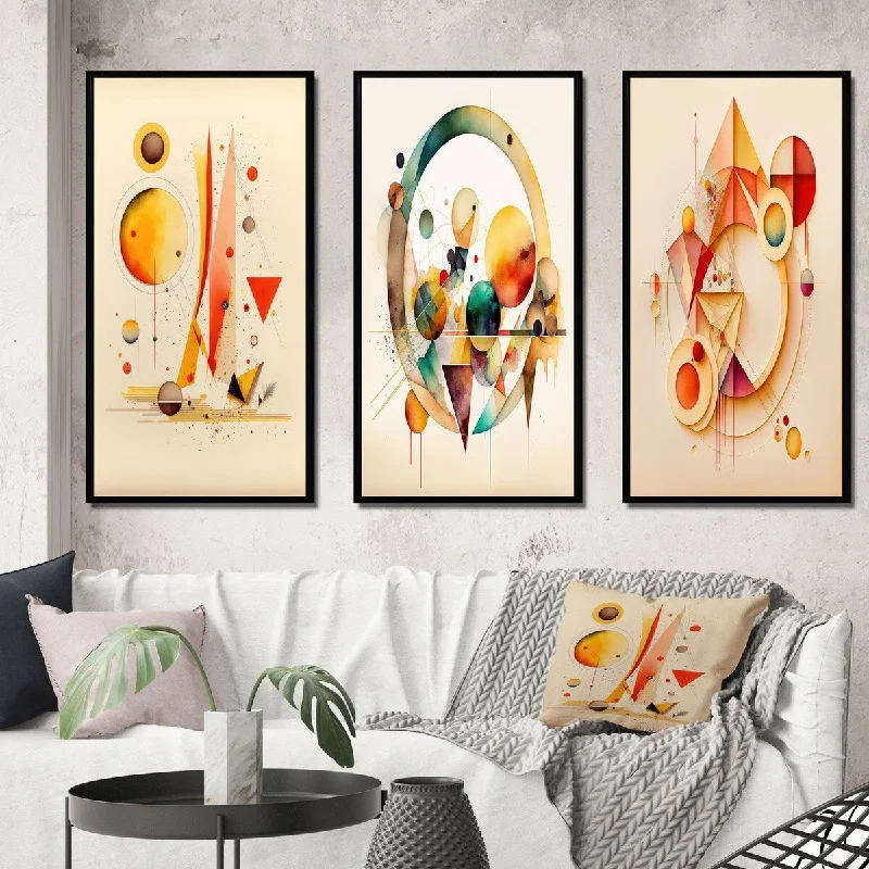 contemporary animal wall art-Designart "Orange And Yellow Geometric Abstract I" Abstract Framed Wall Art Set Of 3 Modern Gallery Set For Office Decor