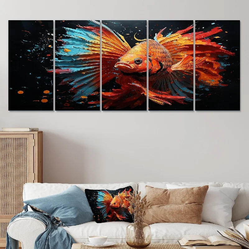 coastal nature canvas art-Designart "Orange Butterfly Fish Ocean Dance II" Butterfly Fish Set Of 5 Modern Oversized Canvas Art For Bedroom Decor