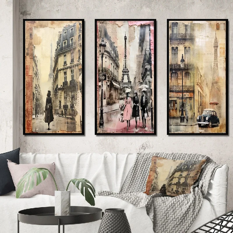 modern vintage wall decor-Designart "Paris Chronicles Vintage Collage I" City Paris Framed Wall Art Set Of 3 - Traditional For Office Decor