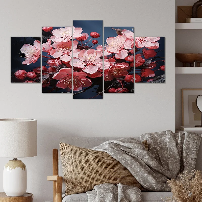 digital abstract art prints-Designart "Pink Cherry Blossoms Tree At Night II" Cherry Set Of 5 - Traditional Oversized Wall Decor Art For Living Room