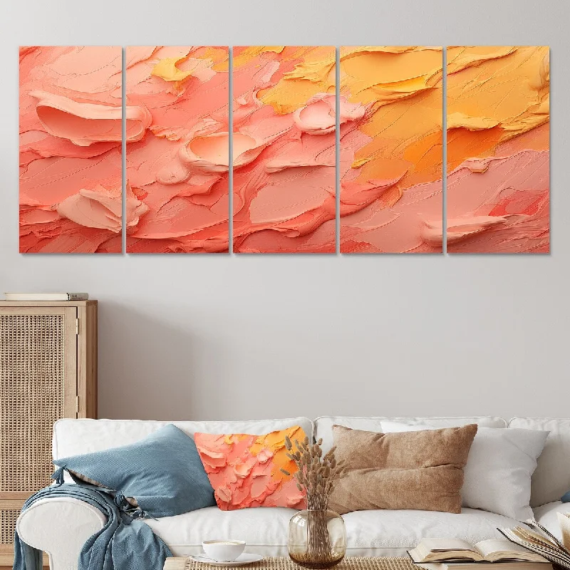 abstract canvas art for dining room-Designart "Pink Radiant Dusk Dream I" Pink Abstract Collages Set Of 5 - Modern Oversized Canvas Wall Art For Entryway