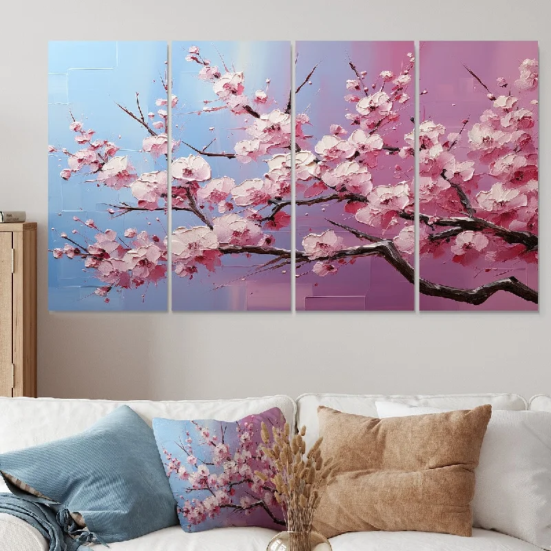 contemporary minimalist paintings-Designart "Pink Whispering Cherry Blossoms I" Flowers Extra Large Canvas Set Of 4 - Oversized Traditional Wall Art