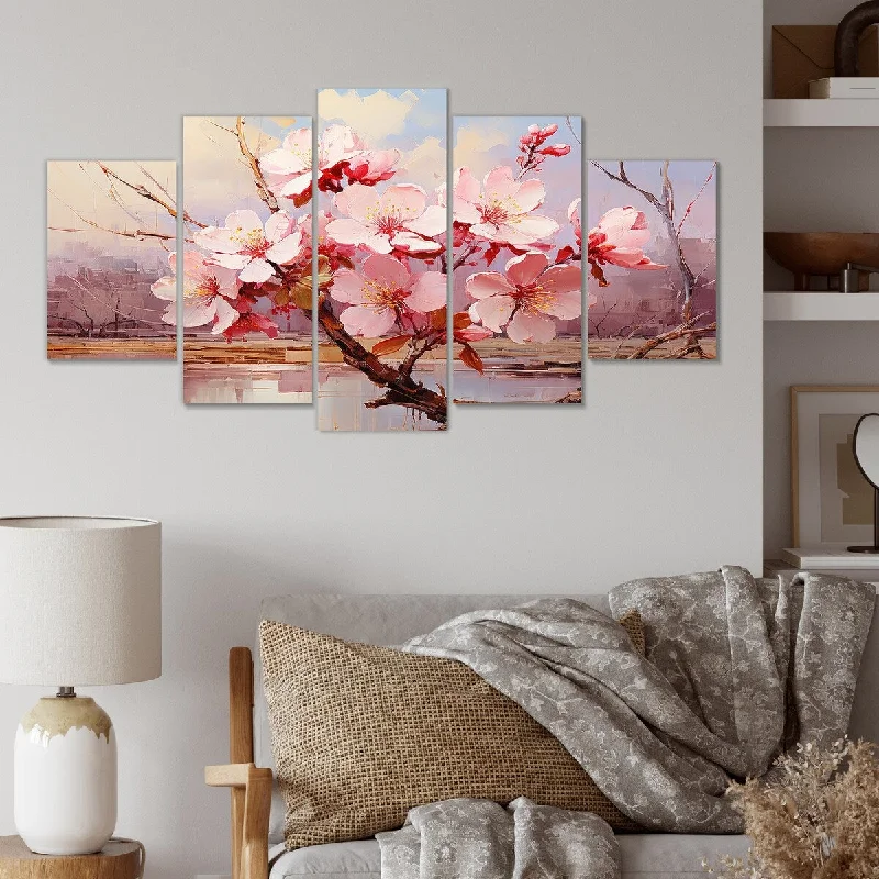 contemporary minimalist paintings-Designart "Pink Whispering Cherry Blossoms II" Pink Flowers Set Of 5 Traditional Oversized Canvas Wall Art For Entryway