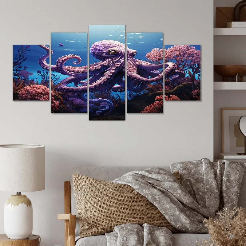 minimalist art prints for bedroom-Designart "Purple Oasis Of Octopus I" Purple Coastal Animal Set Of 5 - Coastal Oversized Canvas Art Print For Home Decor