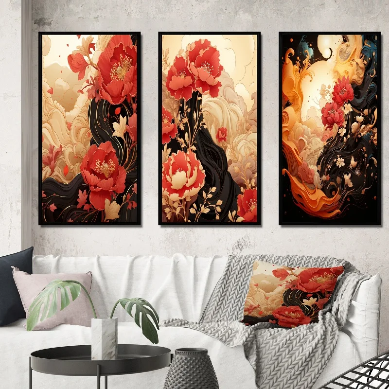 pop art canvas prints-Designart "Red Chrysanthemums on Branch Japanese Retro V" Chrysanthemums Frame Gallery Set Of 3 For Office Decor