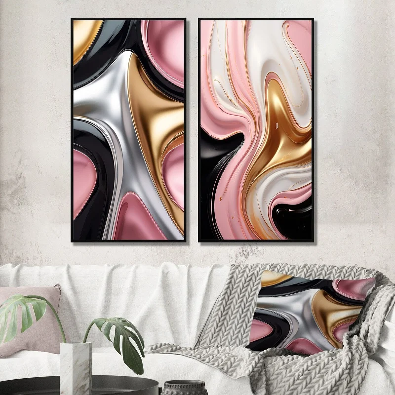 botanical themed wall art-Designart "Retro Glam Liquid Art In Pink White And Black II" Abstract Shapes Gallery Wall Set Of 2 For Home Decor