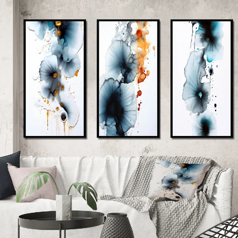 abstract wall art for dining room-Designart "Rhapsody In Heartbeat Turquoise Gold Ink Cloud III" Abstract Painting Frame Gallery Set Of 3 For Office Decor