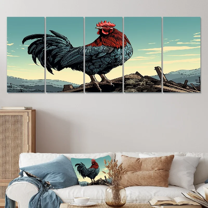 large modern nature wall art-Designart "Rooster In The Farm Sunrise" Red Chicken Set Of 5 - Modern Farmhouse Oversized Wall Art Decor For Hallway