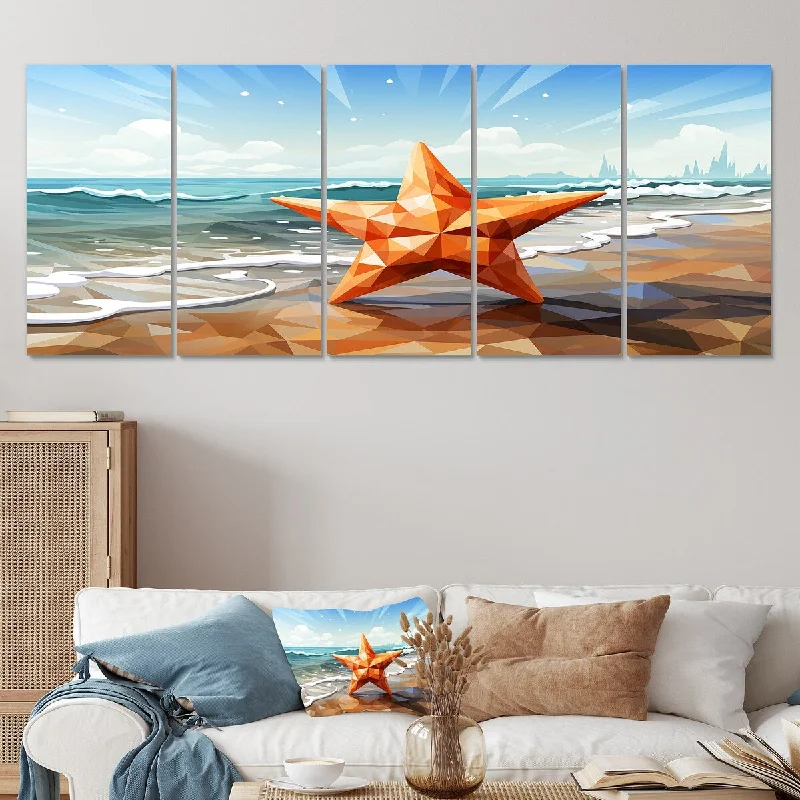 retro photography art prints-Designart "Shoreline Starfish Cubic Landscape" Coastal Animal Set Of 5 Coastal Oversized Canvas Wall Art For Entryway