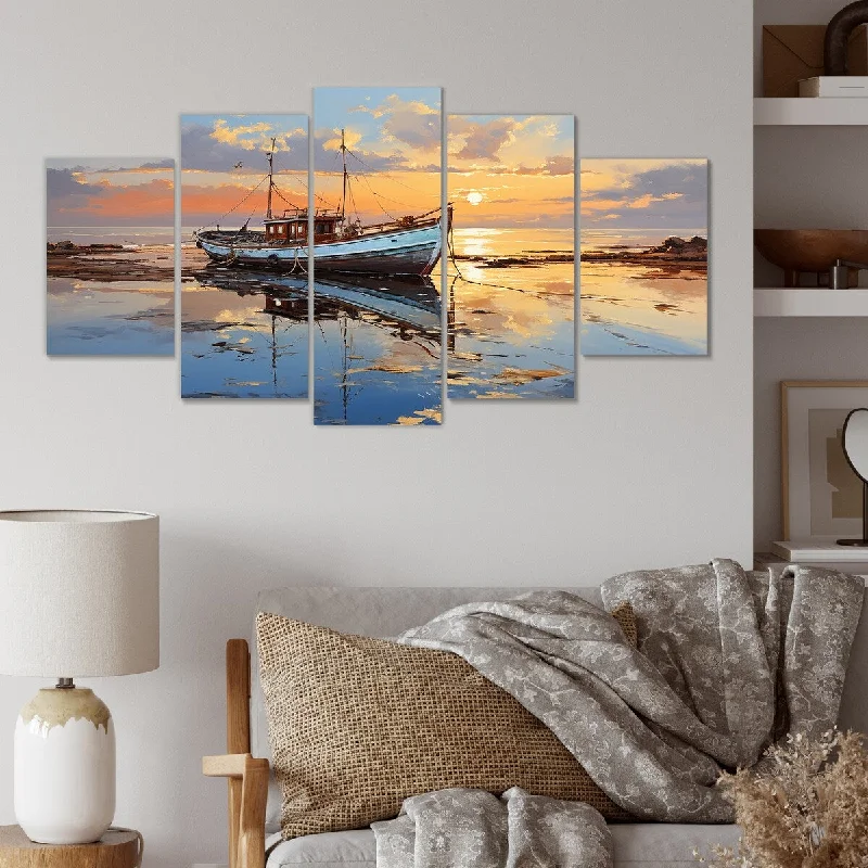 colorful landscape art prints-Designart "Sunrise Fhsing Boat By The Lake" Blue Coastal Boat Set Of 5 Coastal Oversized Wall Decor Art For Living Room