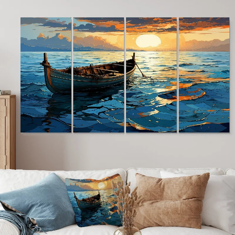 abstract floral prints for living room-Designart "Sunset Sea Boat Landscape" Coastal Boat Extra Large Canvas Set Of 4 - Oversized Coastal Art For Bedroom Decor