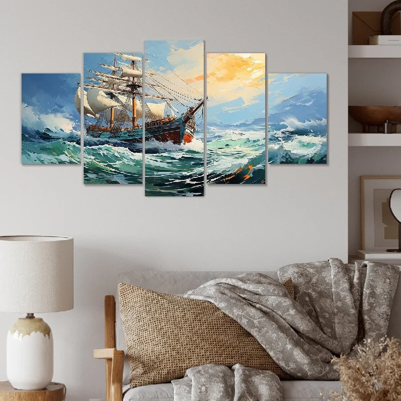 retro cityscape canvas art-Designart "The Pirate Boat Odyssey S Voyage III" Blue Classics Set Of 5 - Glam Oversized Canvas Art For Bedroom Decor